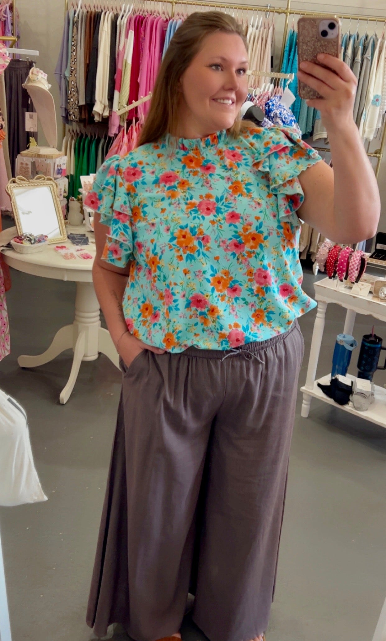 Blue floral flutter sleeve tied neck plus size blouse