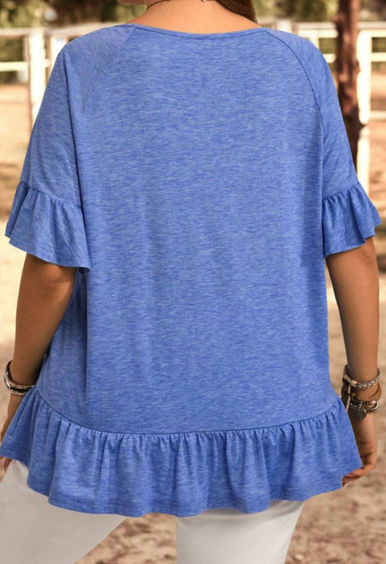 Dusk blue ruffled short sleeve blouse