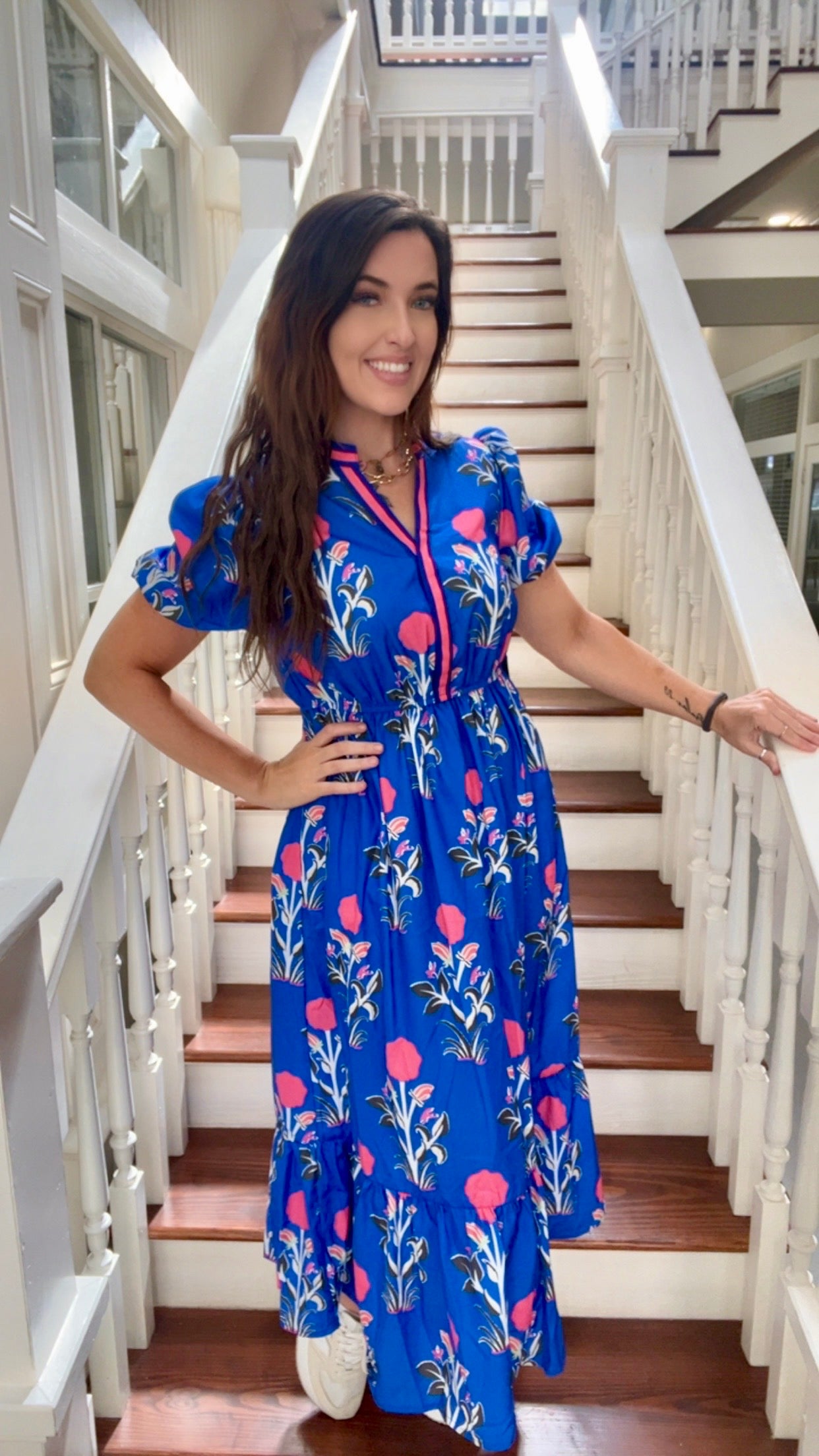 Blue Floral puff sleeve maxi dress