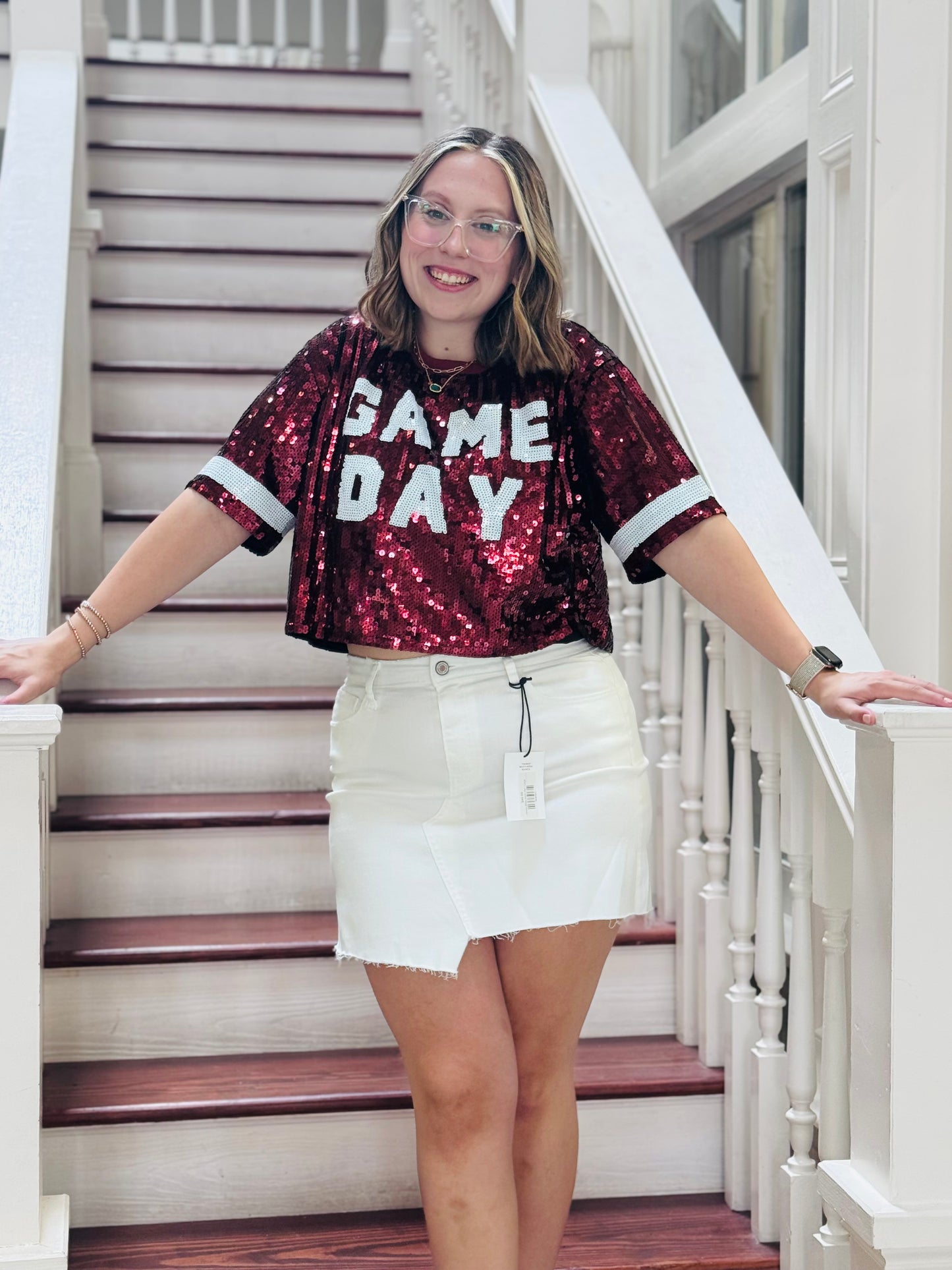 Game day maroon sequin top