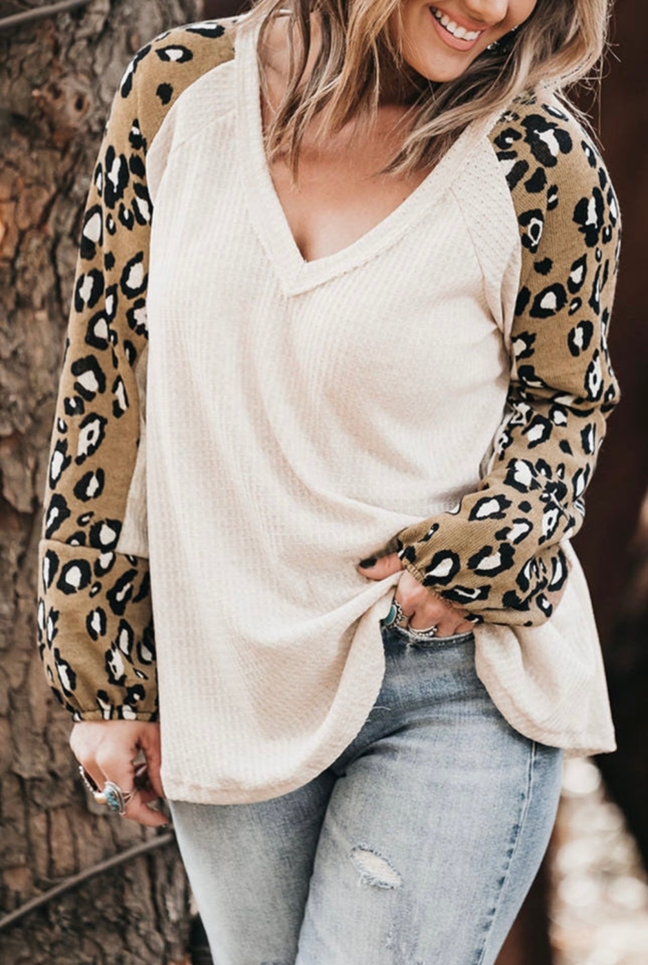 Beige plus size waffle knit leopard