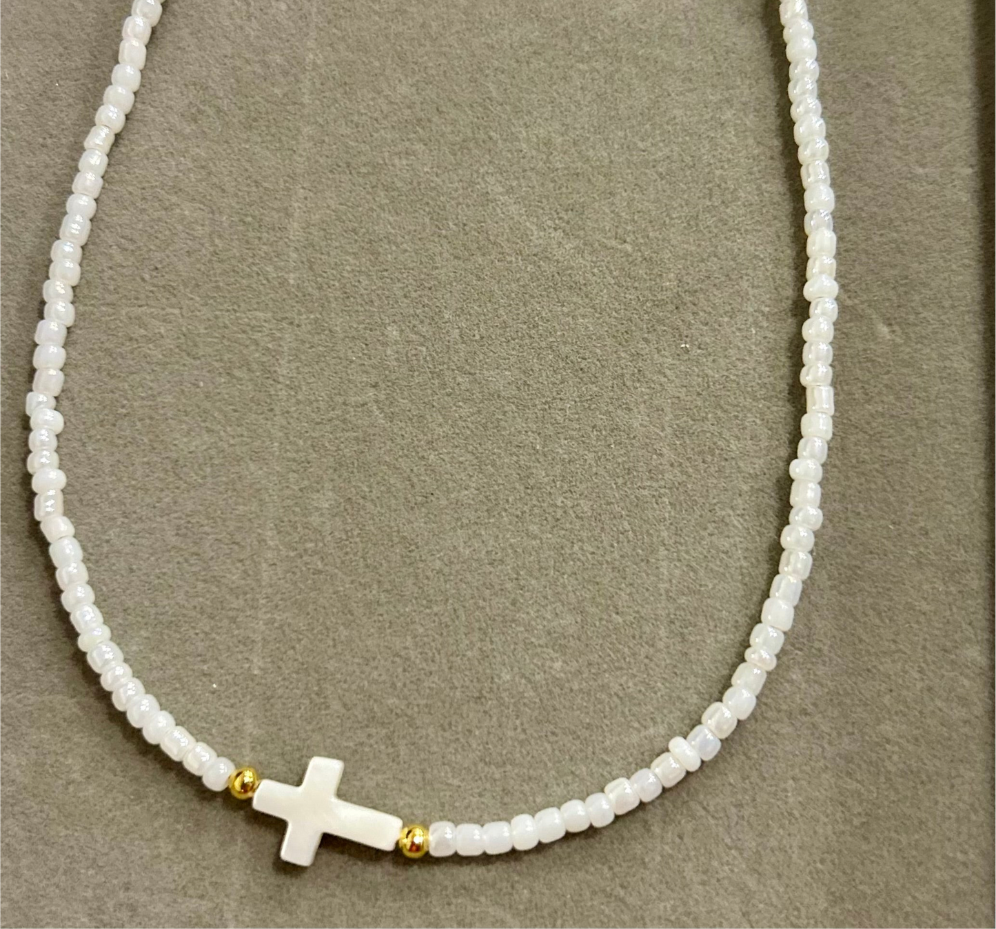 White Beaded necklace with cross