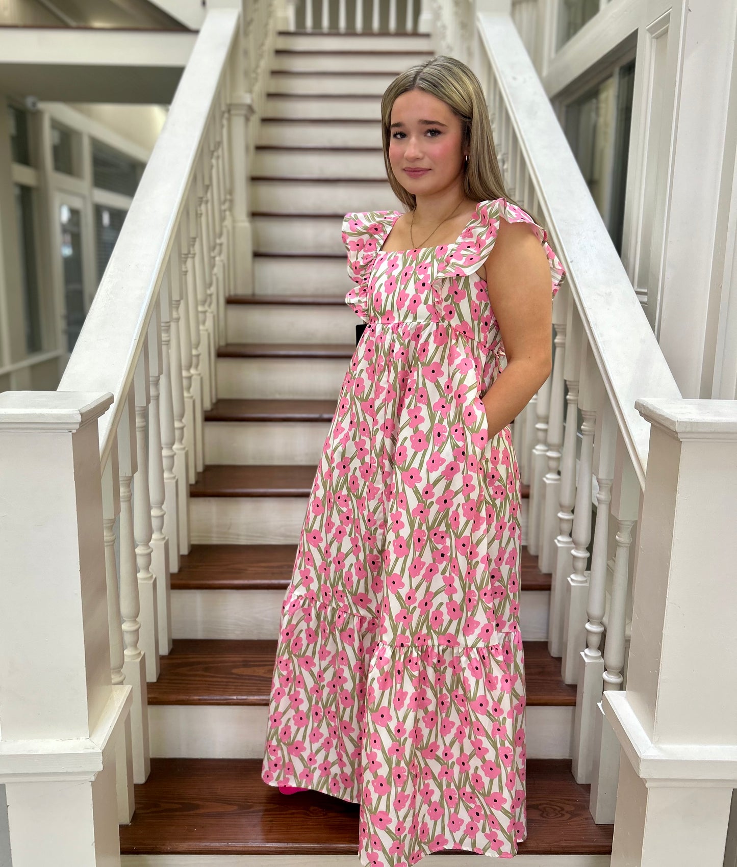 Floral pink Ruffle sleeve maxi dress