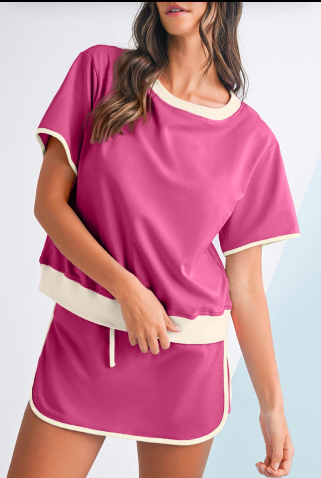 Pre Order Contrast shot sleeve Loose Pullover Top and Lace-up Waist Skirt Set