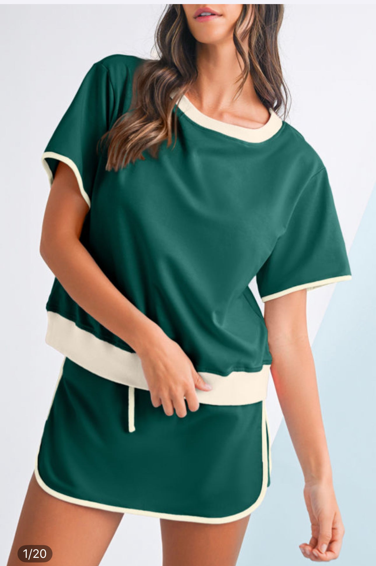 Pre Order Contrast shot sleeve Loose Pullover Top and Lace-up Waist Skirt Set