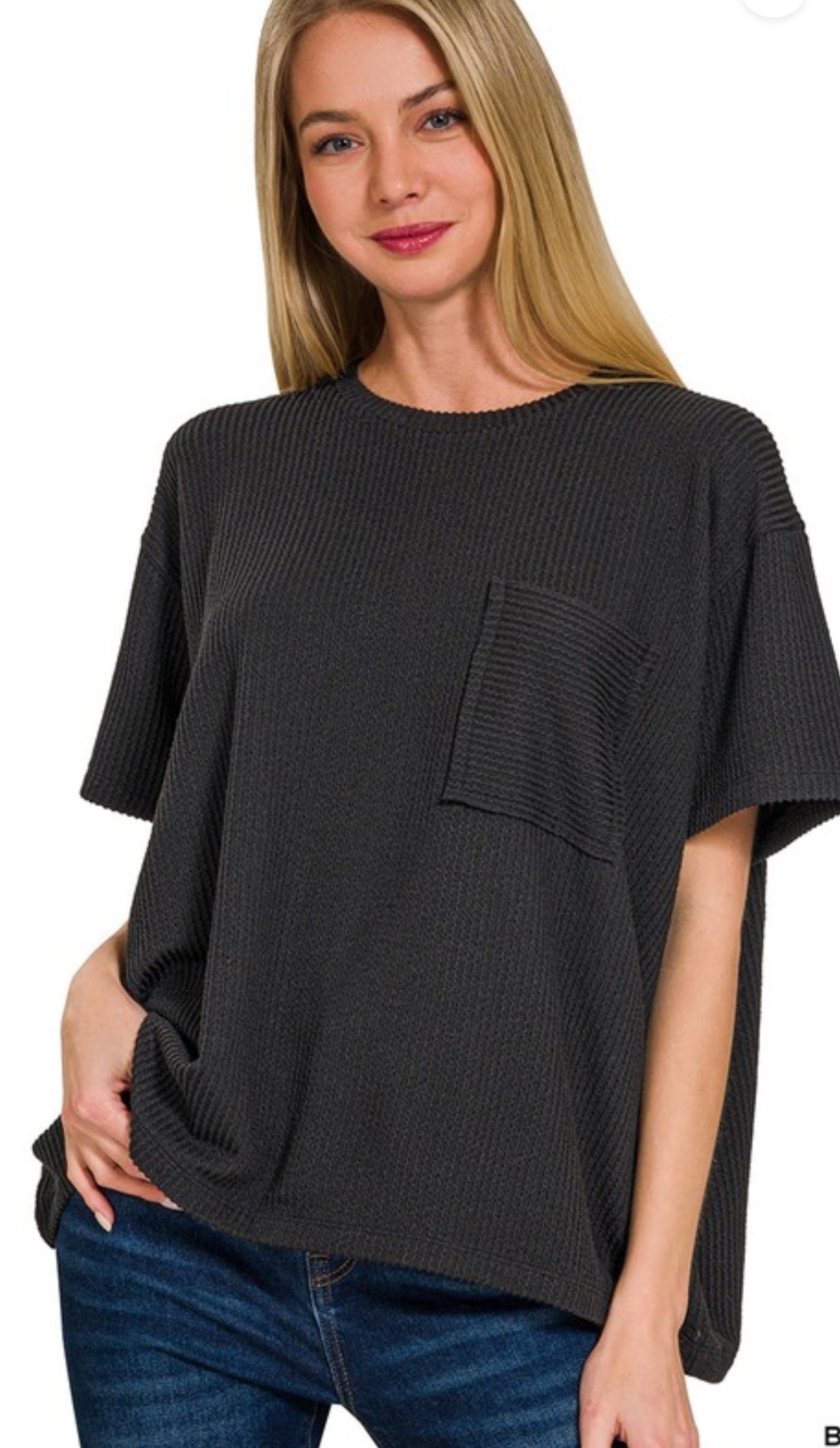CORDED RIB SHORT SLEEVE FRONT POCKET TOP