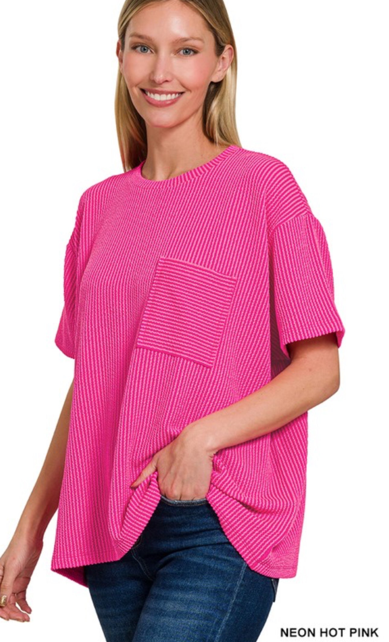 CORDED RIB SHORT SLEEVE FRONT POCKET TOP