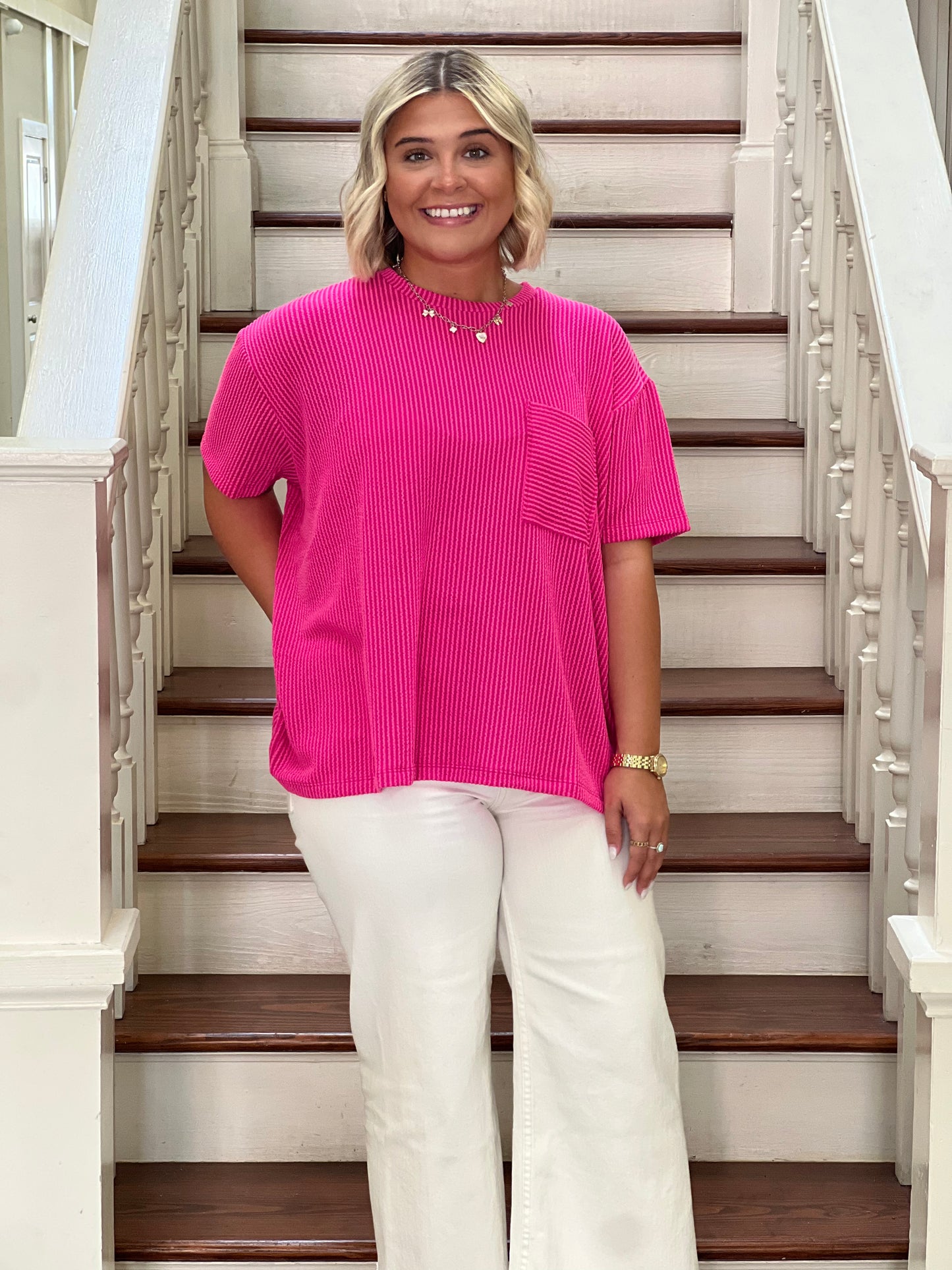 CORDED RIB SHORT SLEEVE FRONT POCKET TOP