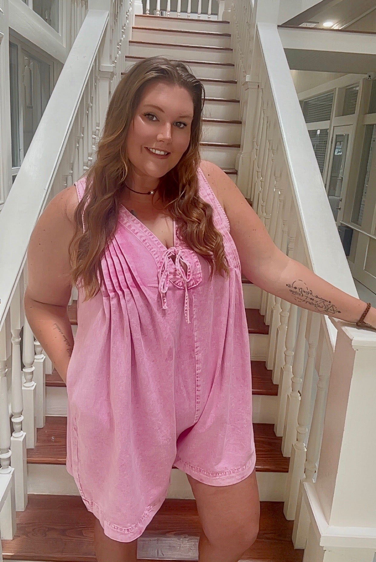 Pink denim romper
