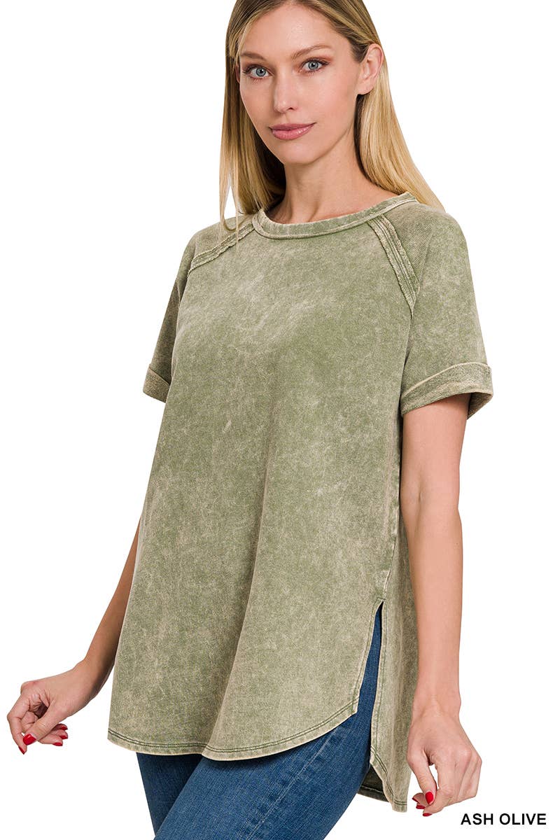 SI-24639 FRENCH TERRY WASHED CUFF SLEEVE TOP Sweet Magnolia Boutique