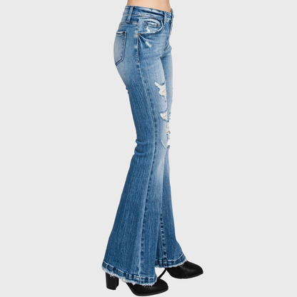 DISTRESSED MID RISE STRETCH FLARE JEAN <PETITE SIZE>