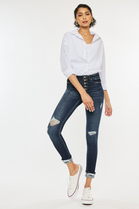 High Rise Button Down Cuffed Ankle Skinny Jeans