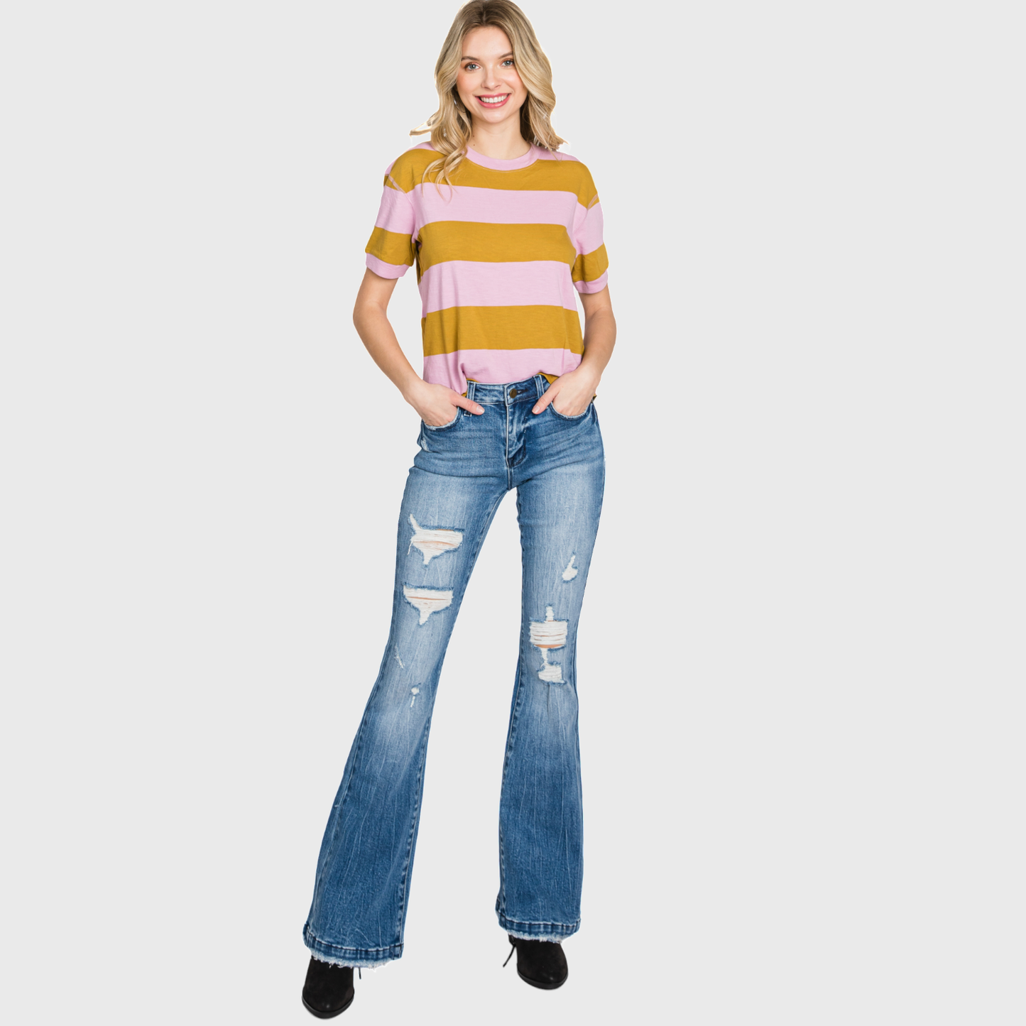 DISTRESSED MID RISE STRETCH FLARE JEAN <PETITE SIZE>