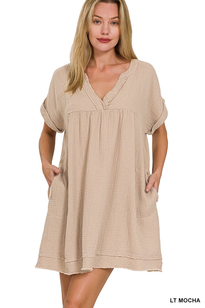 .._ ROLLED SHORT SLEEVE RAW EDGE V-NECK DRESS