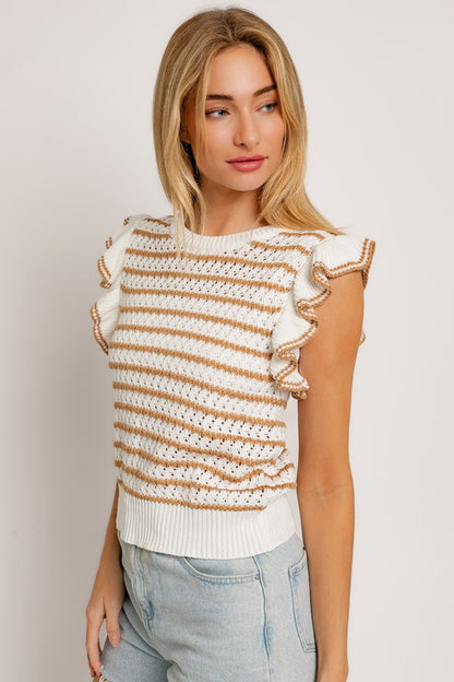 Round Neck Ruffle Sleeve Stripe Knit Top