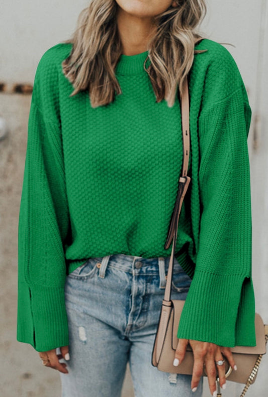 Kelly green textured split cuff sweater