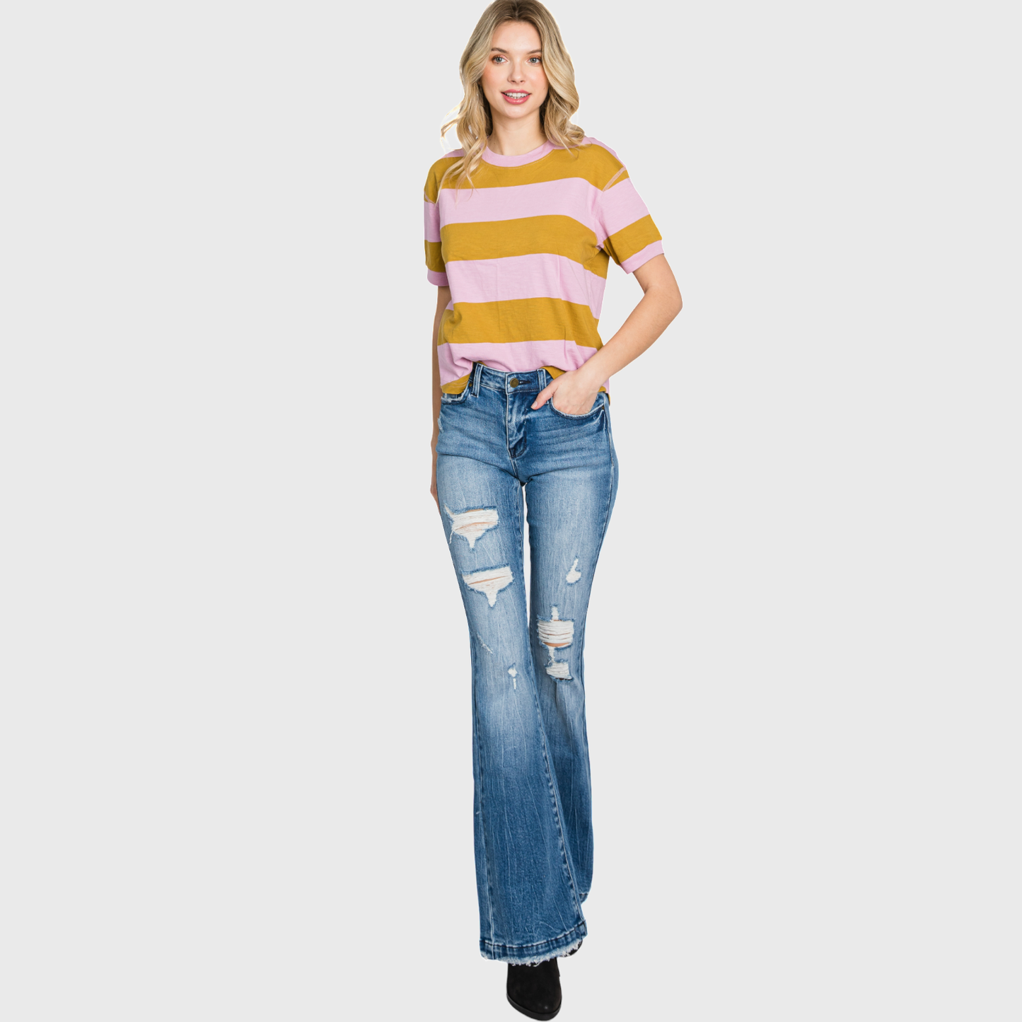 DISTRESSED MID RISE STRETCH FLARE JEAN <PETITE SIZE>