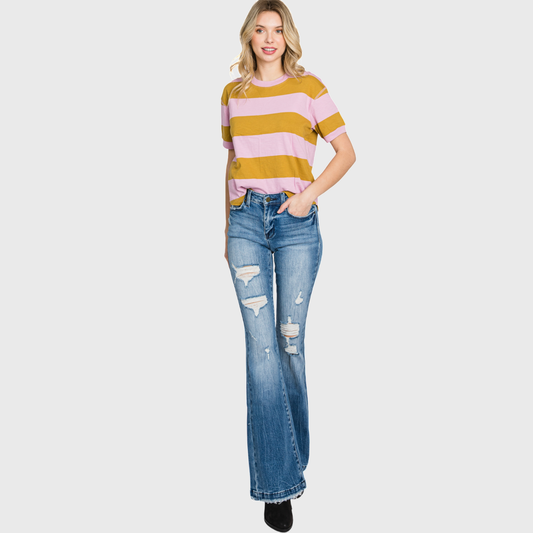 DISTRESSED MID RISE STRETCH FLARE JEAN <PETITE SIZE>