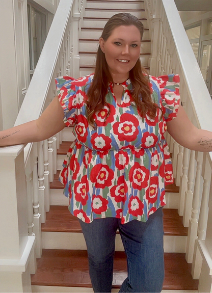 Red plus size floral print ruffle trim top