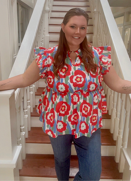 Red plus size floral print ruffle trim top