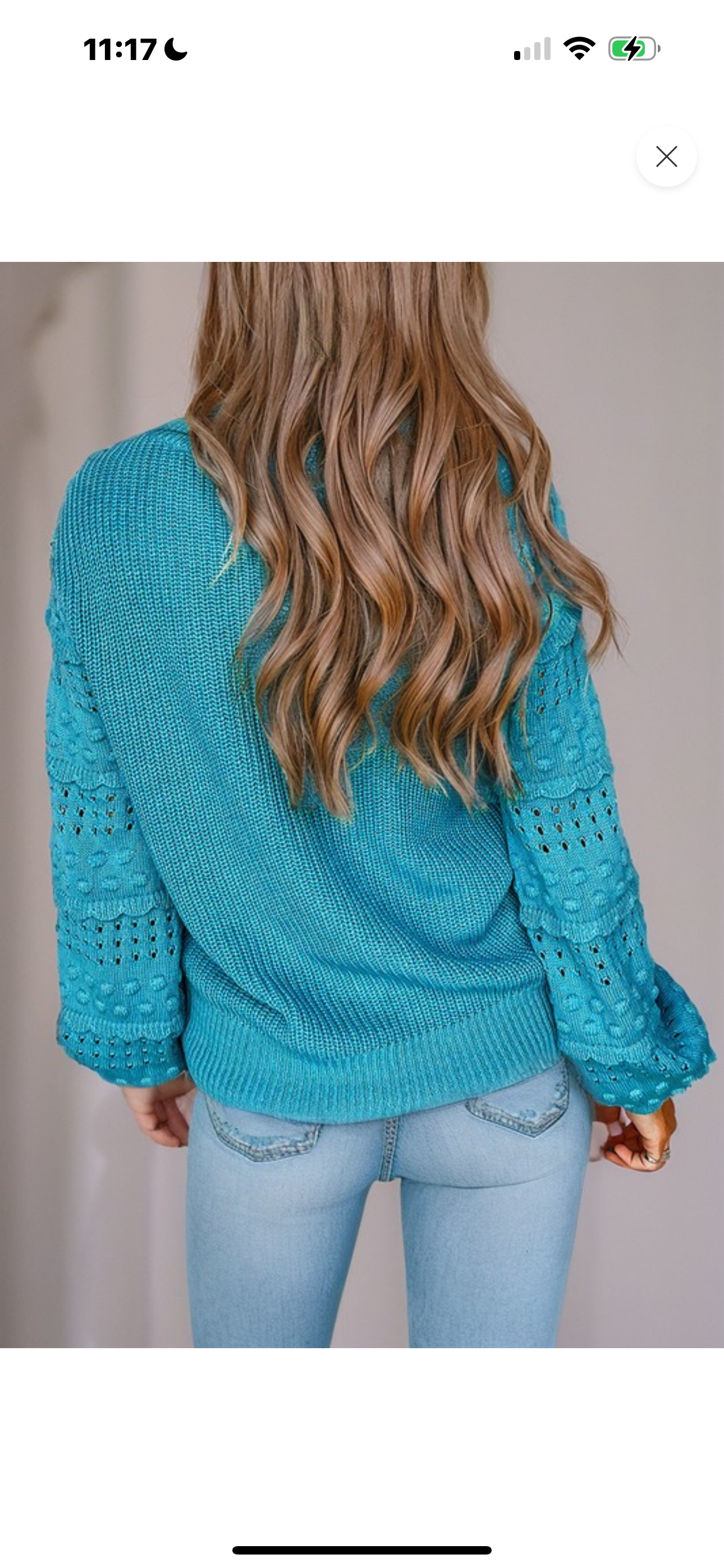 Turquoise Ruffled Eyelet Bubble Sleeve Sweater