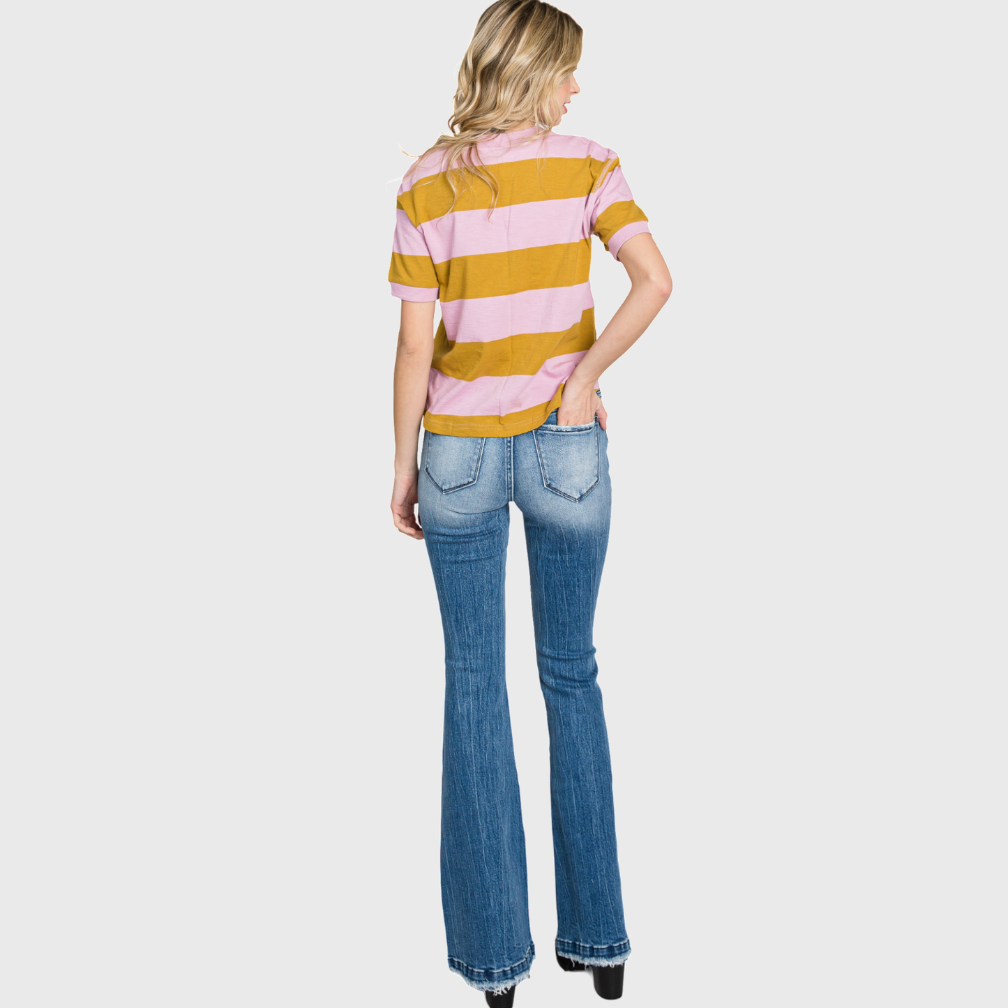 DISTRESSED MID RISE STRETCH FLARE JEAN <PETITE SIZE>