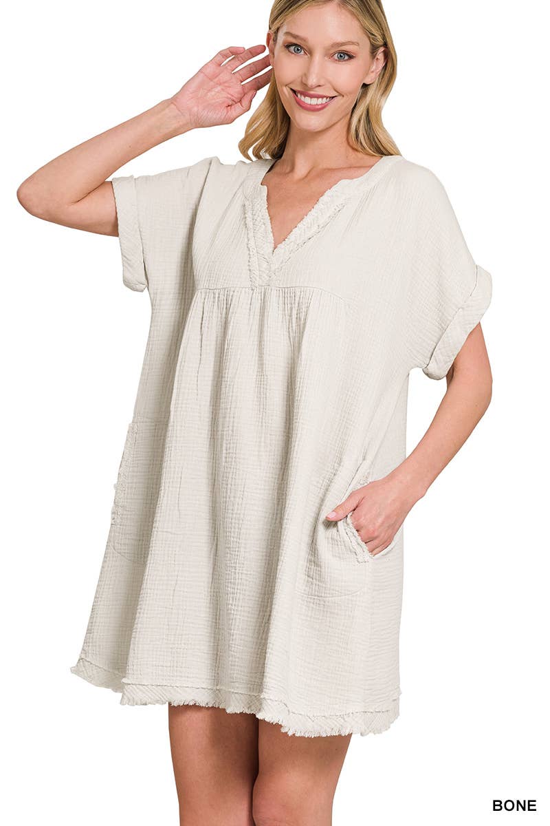 .._ ROLLED SHORT SLEEVE RAW EDGE V-NECK DRESS