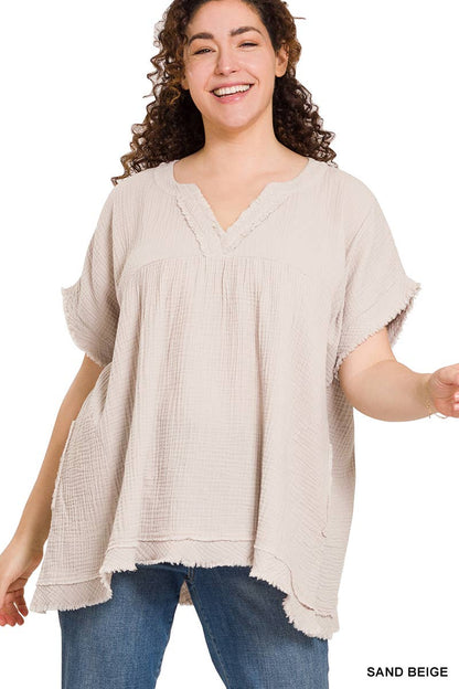 Plus Gauze Raw Edge Short Sleeve V-neck Shirt