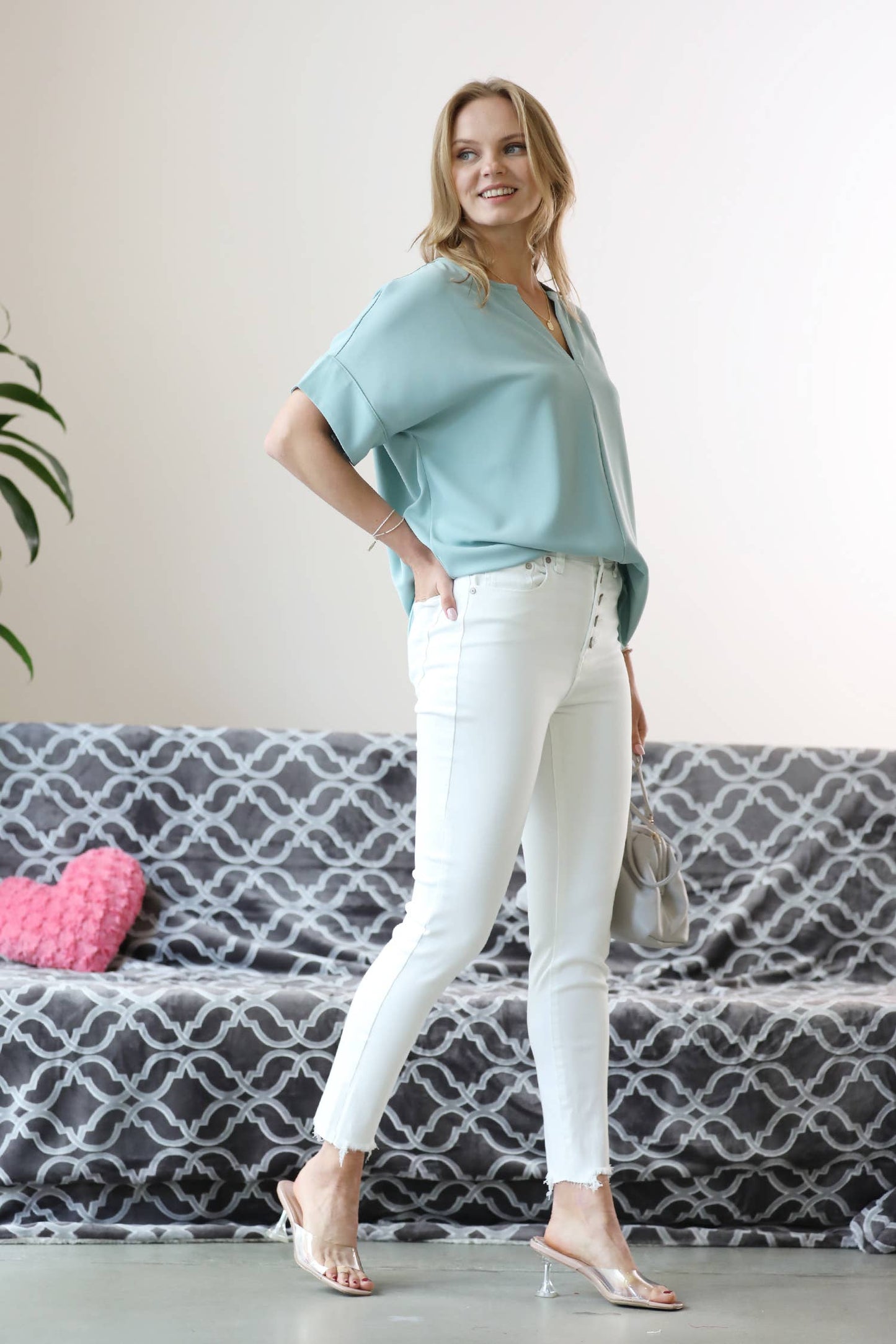 White Button Fly Raw Hem Skinny White Denim Jeans Sweet Magnolia Boutique