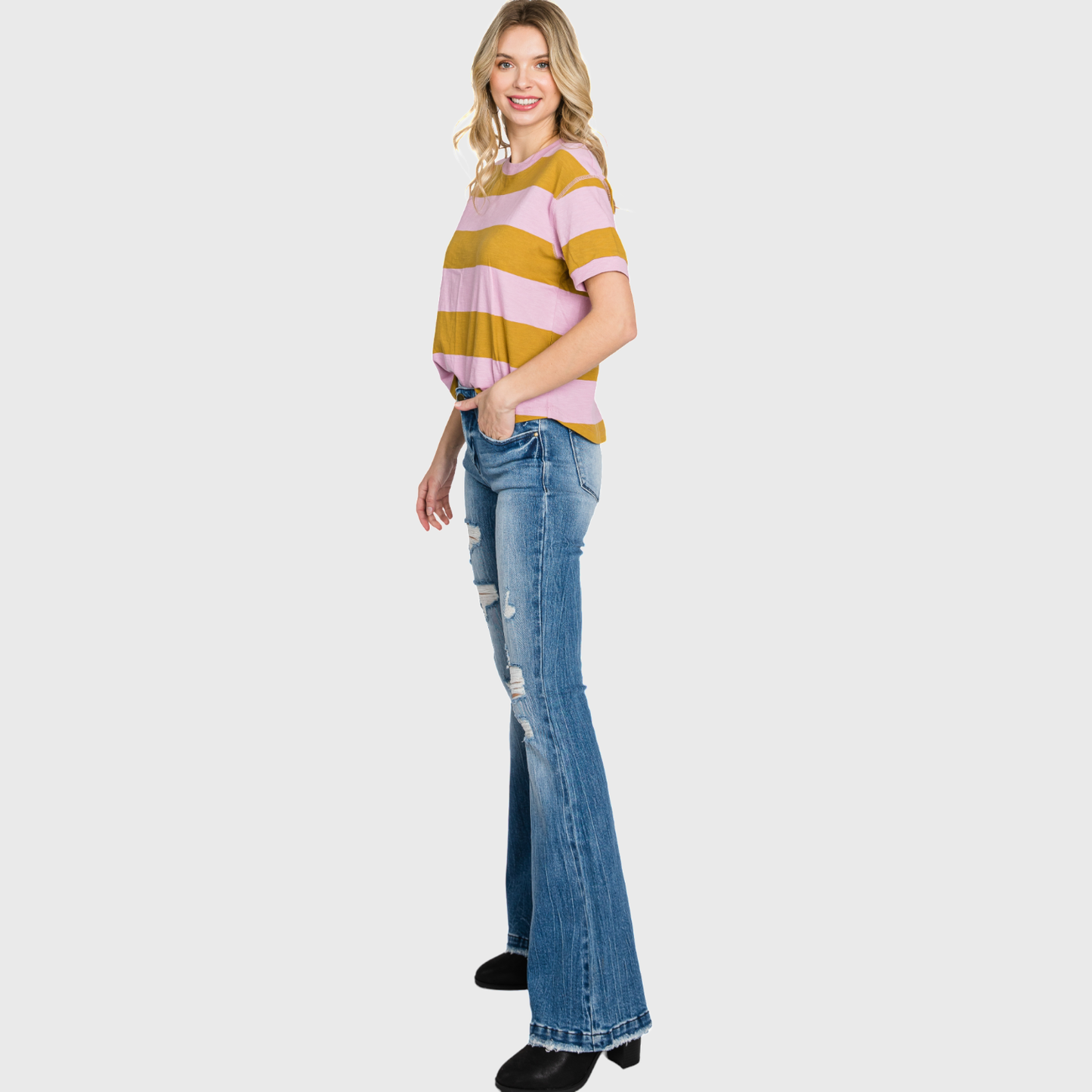 DISTRESSED MID RISE STRETCH FLARE JEAN <PETITE SIZE>