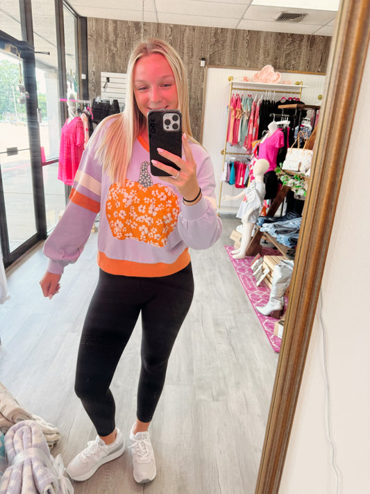 Pumpkin Graphic Color Block Sleeve Sweatshirt