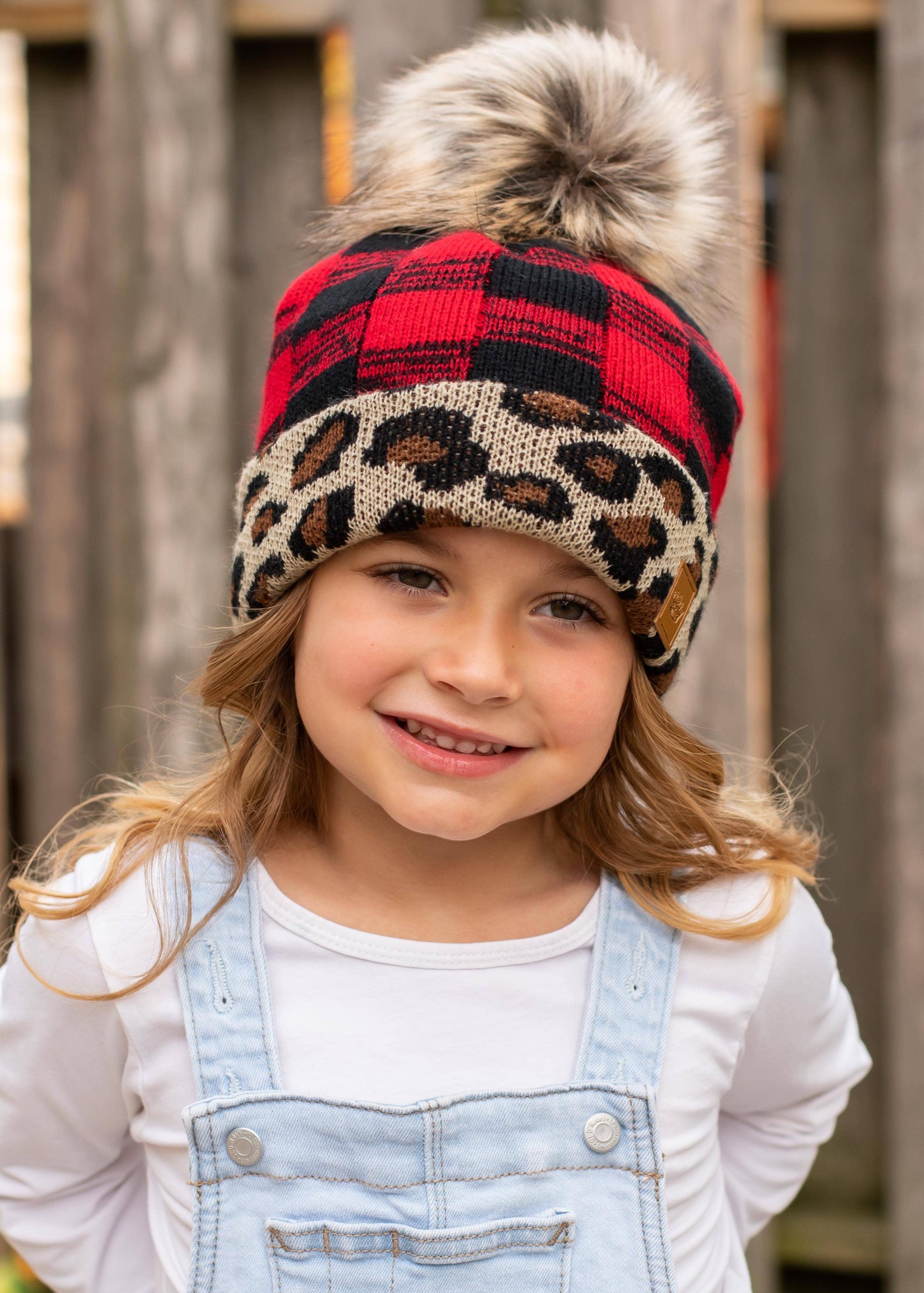 KIDS Red Buffalo Plaid Pom Hat w/ Leopard Trim Sweet Magnolia Boutique