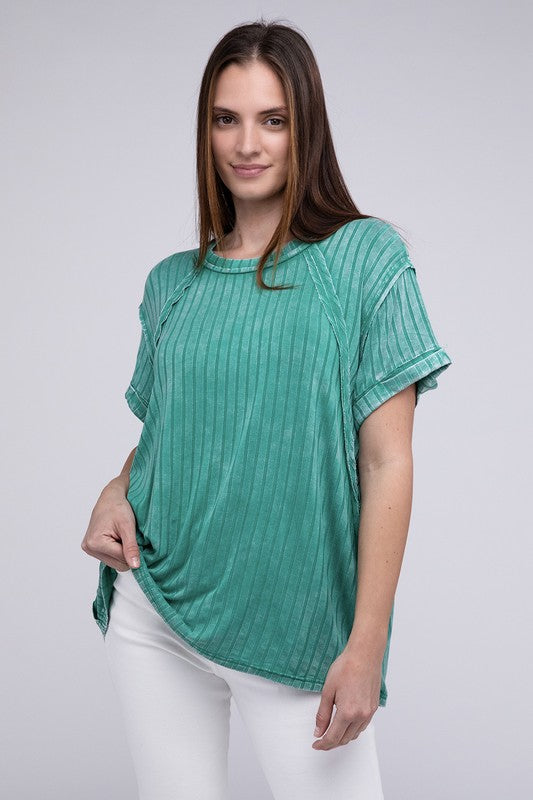 Ribbed Raglan Dolman Sleeve Boat-Neck Top