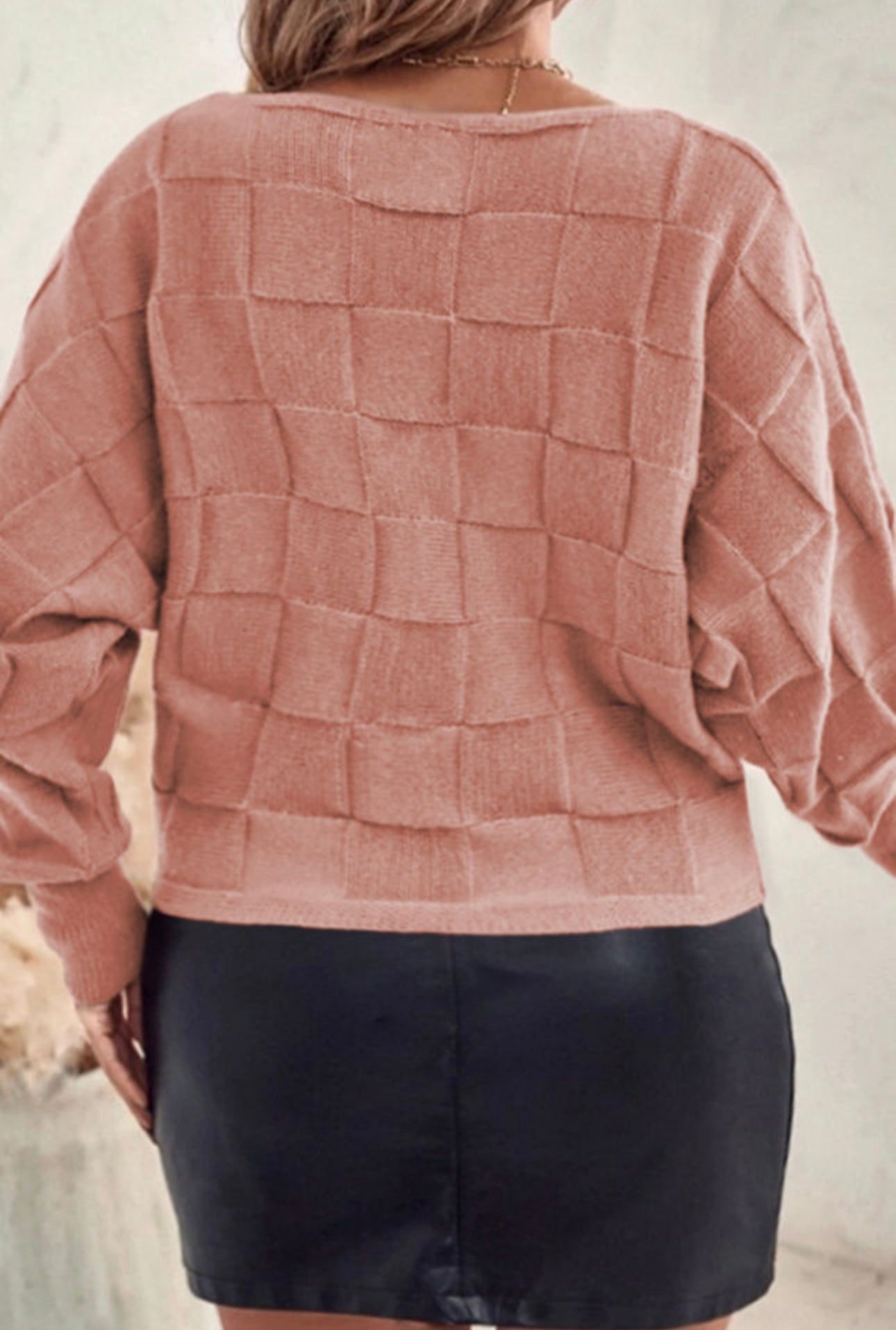 Rose tan solid checkered textured knit pulse size sweater