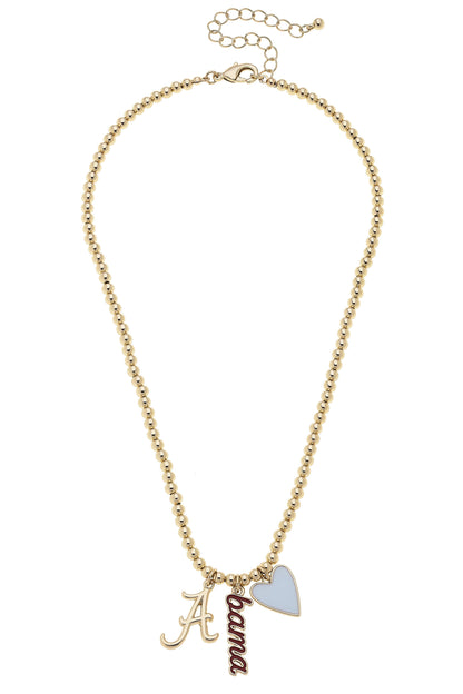 Alabama Crimson Tide Ball Bead Charm Necklace in Shiny Gold