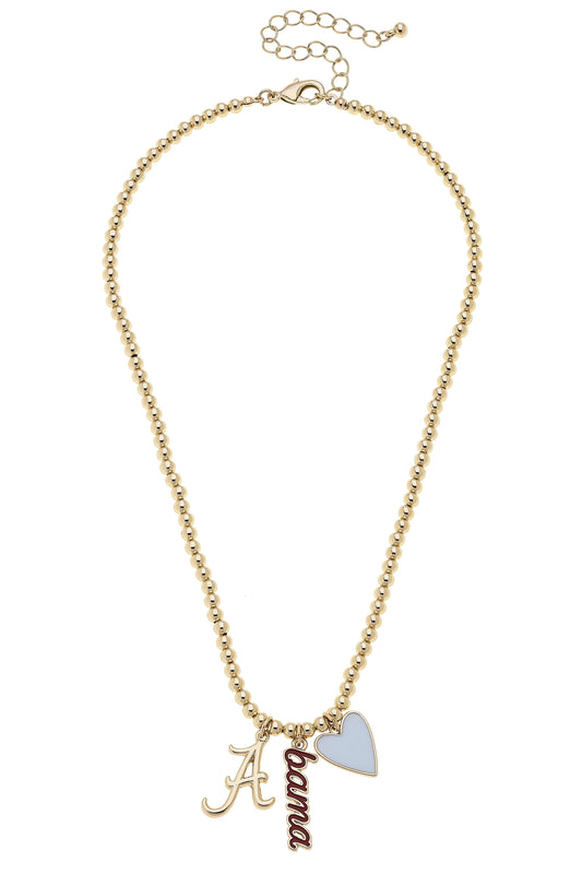 Alabama Crimson Tide Ball Bead Charm Necklace in Shiny Gold