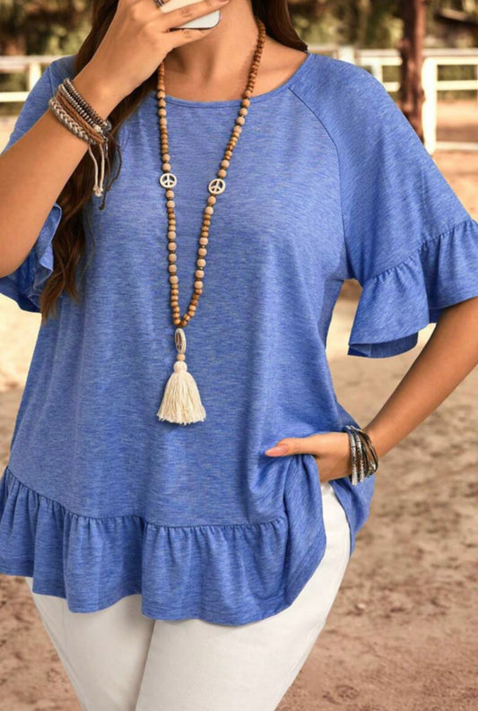 Dusk blue ruffled short sleeve blouse