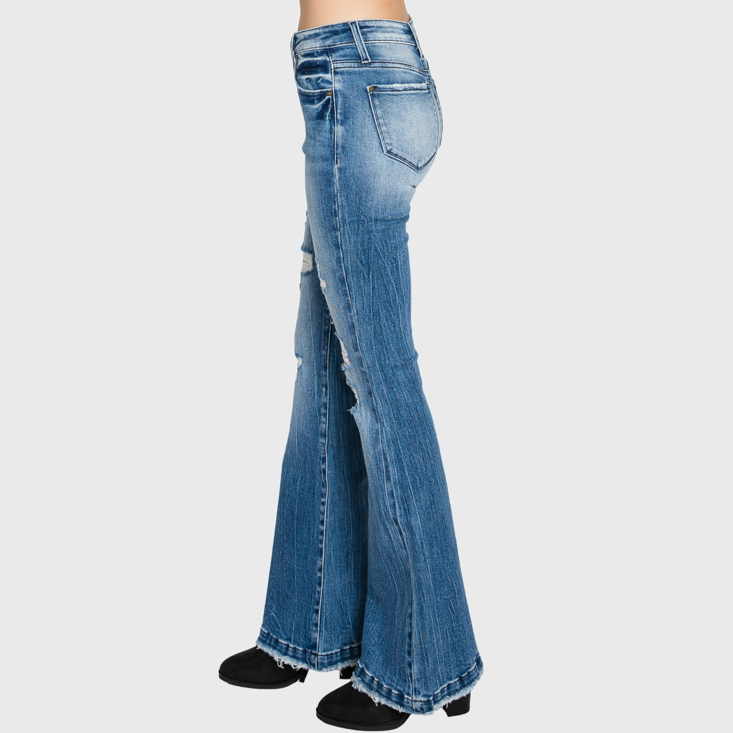 DISTRESSED MID RISE STRETCH FLARE JEAN <PETITE SIZE>