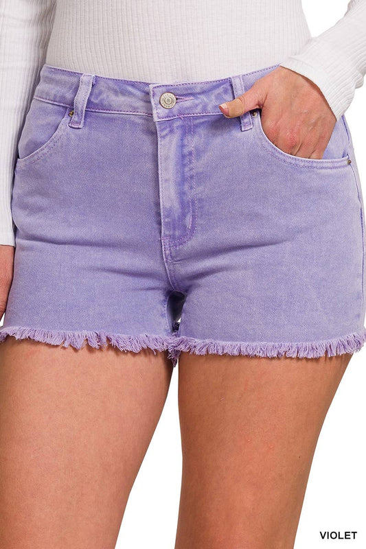 Washed Fray Hem Cotton Denim Shorts