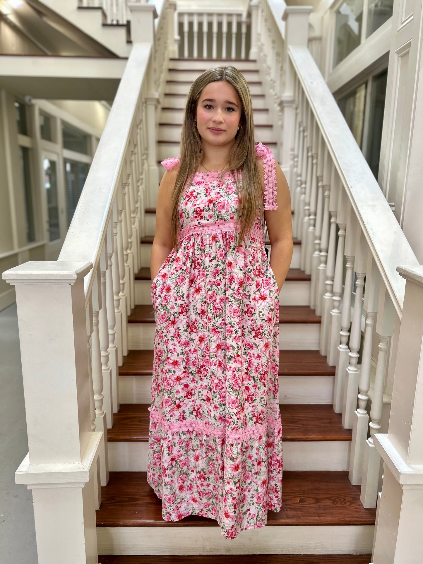 Pink floral maxi with lace straps