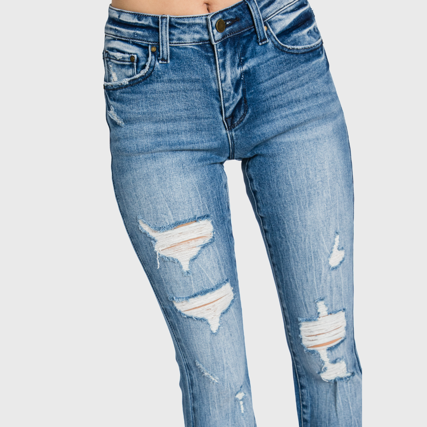 DISTRESSED MID RISE STRETCH FLARE JEAN <PETITE SIZE>