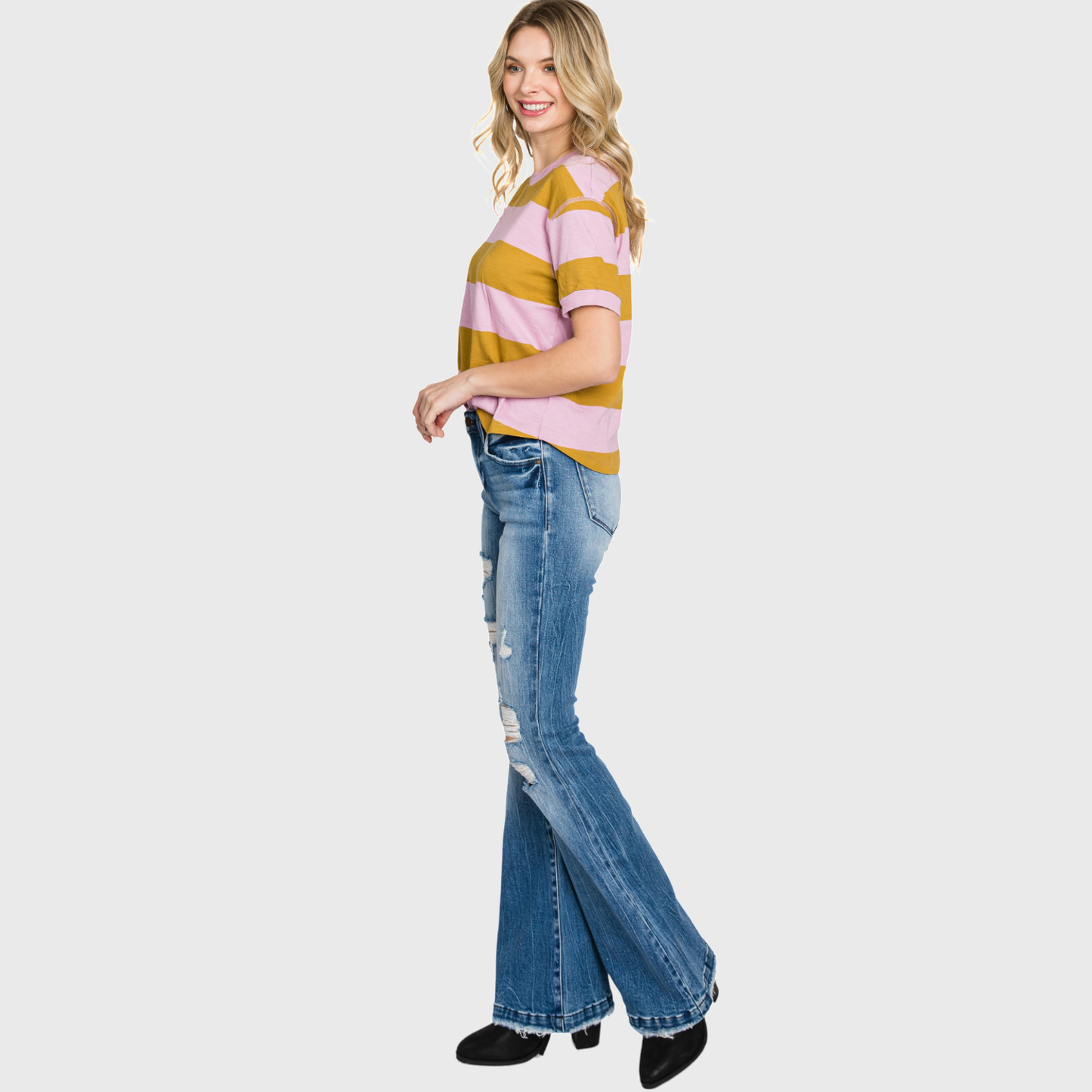 DISTRESSED MID RISE STRETCH FLARE JEAN <PETITE SIZE>