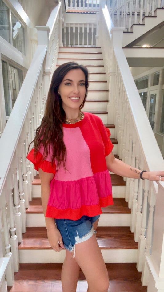 Oversized Red and Pink Flutter sleeve