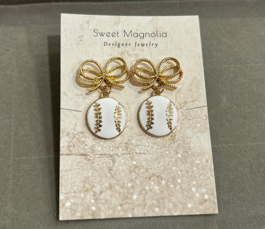 Earrings With Bow and Dangling Baseball