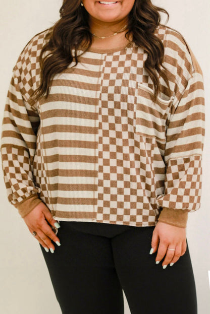 Khaki striped checkered mixed print shirt