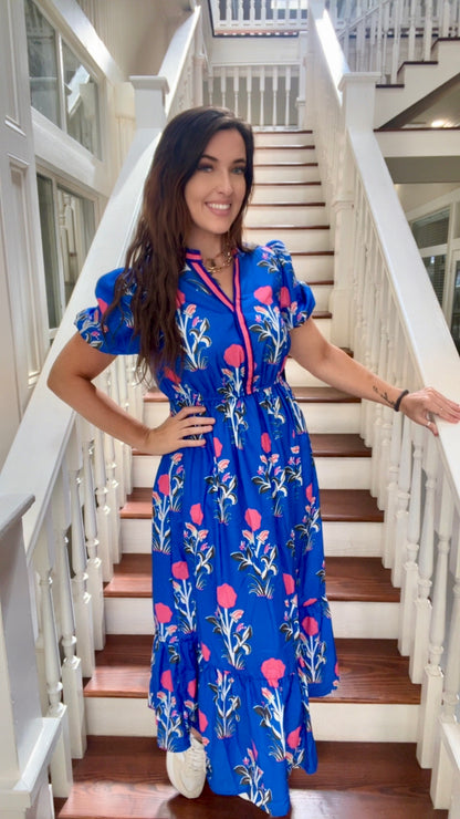 Blue Floral puff sleeve maxi dress