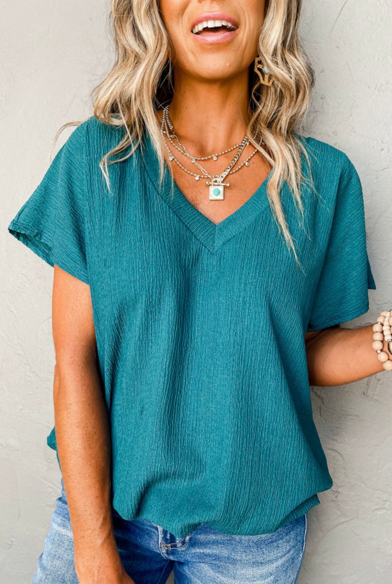 Blue sapphire textured v neck top Plus