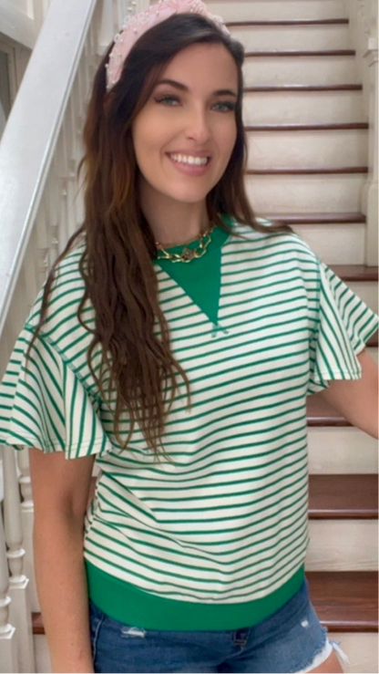 Green Striped flutter sleeve top