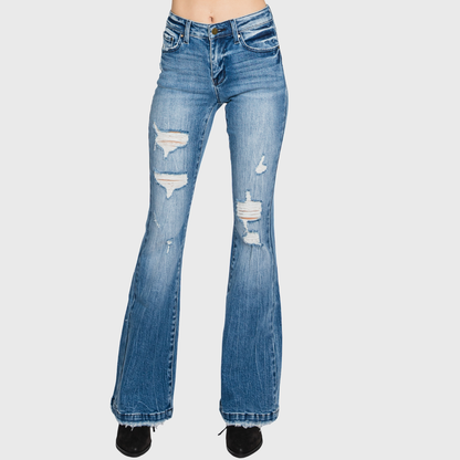 DISTRESSED MID RISE STRETCH FLARE JEAN <PETITE SIZE>