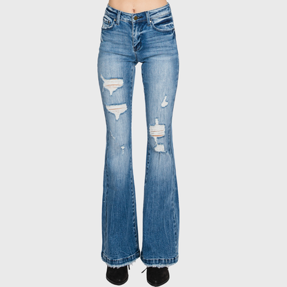 DISTRESSED MID RISE STRETCH FLARE JEAN <PETITE SIZE>